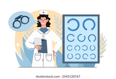 Oculista con prueba de visión. Mujer con uniforme médico cerca de la junta con círculos. Diagnóstico y tratamiento, corrección de la visión. Oftalmólogo en el trabajo. Salud y medicina. Ilustración vectorial plana