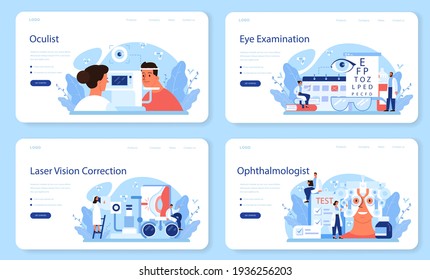 Oculist web banner or landing page set. Idea of eye exam and treatment.