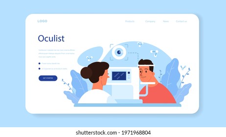 Oculist web banner or landing page. Idea of eye exam and treatment. Eyesight diagnosis and laser correction. Oculist in the uniform check vision. Vector illustration in cartoon style