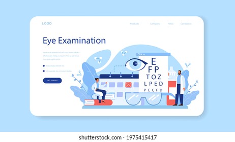 Oculist web banner or landing page. Idea of eye exam and treatment. Eyesight diagnosis and laser correction. Oculist in the uniform check vision. Vector illustration in cartoon style