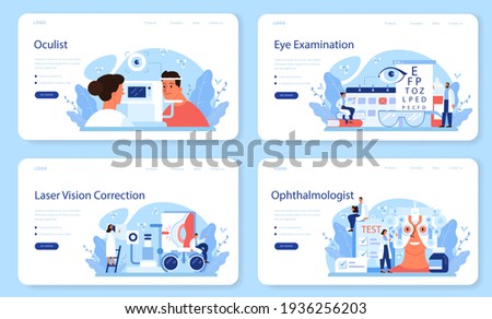 Oculist web banner or landing page set. Idea of eye exam and treatment.