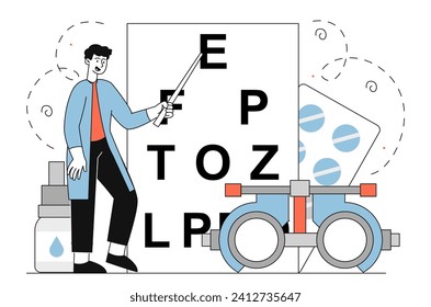 Oculist at workplace linear. Man in medical uniform with eyeglasses and pointer near letters. Vision testing, diagnosis and treatment. Doodle flat vector illustration isolated on white background