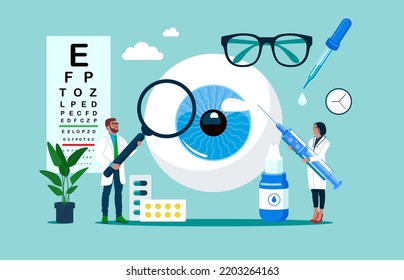 Oculists checking patient vision. Doctor making eyesight laser correction. Ophthalmology, eye surgery. Ophthalmological operation treatment for eye disease. Flat vector illustration.