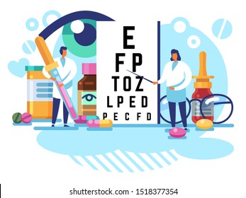 Oculists concept. Eye care and sight diagnostic testing. Ophthalmology laboratory equipment, vision check up vector examination ophthalmological treatment diseases background
