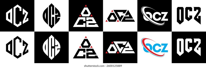 OCZ letter logo design in six style. OCZ polygon, circle, triangle, hexagon, flat and simple style with black and white color variation letter logo set in one artboard. OCZ minimalist and classic logo