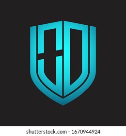Monograma del logotipo OD con diseño de escudo de emblemas aislado con colores azules sobre fondo negro