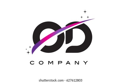 OD O D Black Letter Logo Design with Purple Magenta Swoosh and Stars.