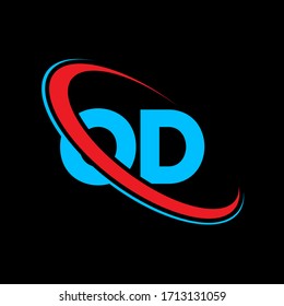 Diseño del logotipo de la letra OD O D. Letra inicial mayúscula manuscrita del círculo OD con el logotipo en mayúsculas rojo y azul. Logo OD, diseño O D