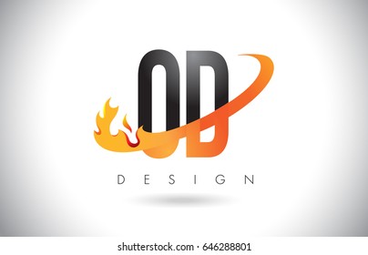 OD O D Letter Logo Design with Fire Flames and Orange Swoosh Vector Illustration.