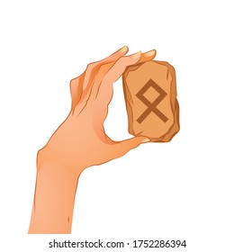 Odal. Hand holds a stone with a rune. Website Design Element. Divination. Magic. Vector illustration