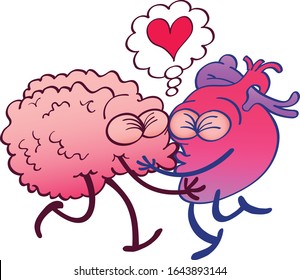 Odd couple composed by a brain and a heart having an exciting romantic encounter. They’re clenching their eyes and kissing passionately. They show a thought bubble with a red cartoon heart inside