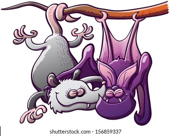 Odd couple composed by a gray opossum and a purple bat hanging from the same branch while clenching their eyes, smiling and having great fun when embracing each other