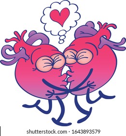 Odd couple composed by hearts having an exciting romantic encounter. They’re clenching their eyes and kissing passionately. They share a thought bubble with a red cartoon heart inside