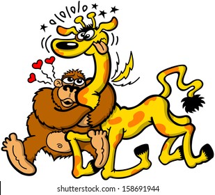 Odd couple composed by a wild strong gorilla madly in love with a fragile giraffe which suffers the strength of the passion in a powerful hug that forces it to kneel and hurtfully twist its long neck