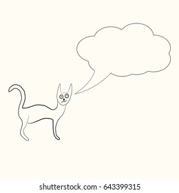 Odd funny primitive style cat with text bubble. Freehand drawing, line art, black and white doodle style icon.