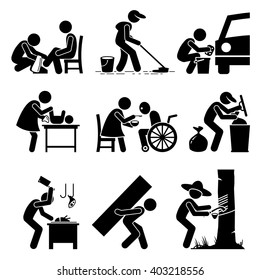 Odd Jobs - Shoe Shine, Janitor, Car Wash, Babysitter, Elderly Care, Garbage Collector, Butcher, Hard Labor, And Rubber Tapper - Stick Figure Pictogram Icons