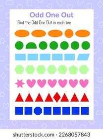 Odd One Out find and circle different geometry shape in line vector illustration, educational printable worksheet, leisure activity learning concept, teacher resources