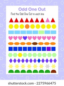 Odd One Out find and circle geometry shape of different color in line vector illustration, educational printable worksheet, leisure activity learning concept, teacher resources