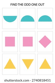 Odd one out printable worksheet with geometric shapes in different orientations. Difference detection activity. Orientation recognition task. Logic game. Brain teaser exercise.