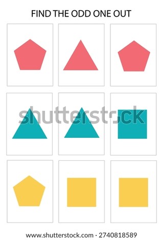 Odd one out printable worksheet with geometric shapes in grid layout. Difference detection activity. Shape recognition task. Logic game. Brain teaser exercise.