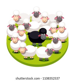 Odd one special black sheep standing among many white sheeps on summer lawn. Cartoon farm animals clipart. Sheep group protecting black. Domestic animals. Flat style vector isolated illustration