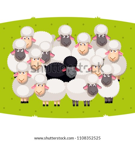 Odd one special black sheep standing among many white sheeps on summer lawn. Cartoon farm animals clipart. Sheep group protecting black. Domestic animals. Flat style vector isolated illustration