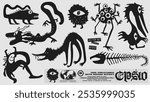 Odd shadow creatures vector set. badly drawn animals or monsters illustration