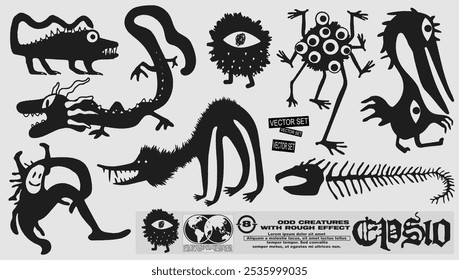 Odd shadow creatures vector set. badly drawn animals or monsters illustration