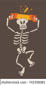 Odd skeleton cutting its own skull with a double handed saw. The skeleton is showing signals of pain such as clenching its teeth, sticking its tongue out and twisting its legs