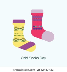 O dia de Odd Socks é realizado no primeiro dia da terceira semana de novembro. Design de meias diferente. Ilustração plana colorida do vetor de meias loucas