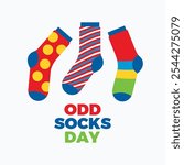 Odd Socks Day poster vector illustration. Different colored socks icon set. Template for background, banner, card. November each year. Important day