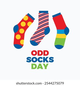 Odd Socks Day Poster, Vektorgrafik. Unterschiedliche farbige Socken Symbol-Set. Vorlage für Hintergrund, Banner, Karte. November jedes Jahres. Wichtiger Tag