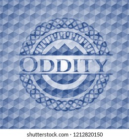 Oddity blue badge with geometric pattern background.