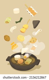 Oden ingredients is falling into hot pot with clear soup. Japanese traditional hot pod food. Concept of eating, cuisine, restaurant. Illustration for advertising. Flat vector illustration.