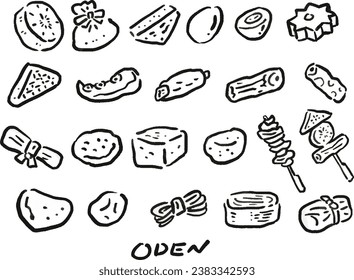 Oden Ingredients Hand Drawn Watercolor Style Illustration Set Line Drawing