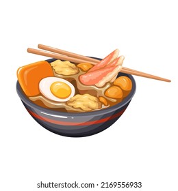 Oden, Japanese cuisine vector illustration. Cartoon isolated wooden chopsticks and bowl of hot Asian soup with eggs, radish, konjac and fish cakes in dashi broth, Japan restaurant or street cafe menu