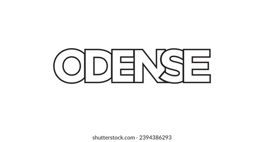 Odense en el emblema de Dinamarca para imprenta y web. El diseño presenta estilo geométrico, ilustración vectorial con tipografía audaz en fuente moderna. Letras gráficas de eslóganes aisladas en fondo blanco.