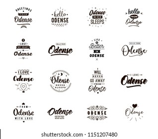 Odense. Greeting cards, vector design. Isolated logos. Typography set.