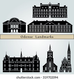 Lugares famosos y monumentos de Odense aislados sobre fondo azul en archivo de Vector editable