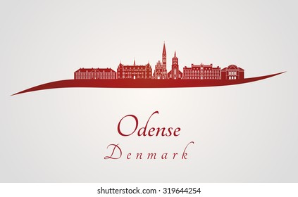 Odense skyline in red and gray background in editable vector file