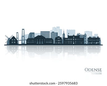 Odense skyline silhouette with reflection. Landscape Odense, Denmark. Vector illustration.