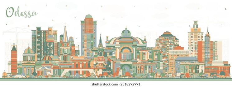 Vista da cidade de Odessa com edifícios coloridos. Ilustração vetorial. Paisagem urbana de Odesa com pontos de referência. Viagens de negócios e conceito de turismo com arquitetura moderna e histórica.