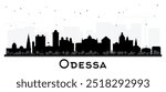 Odessa city skyline silhouette with black buildings isolated on white. Vector illustration. Odesa cityscape with landmarks. Business travel and tourism concept with modern and historic architecture.