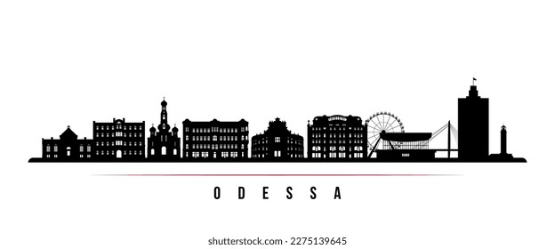 Odessa Skyline horizontaler Banner. Schwarz-Weiß-Silhouette von Odessa, Ukraine. Vektorvorlage für Ihr Design. 