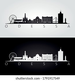 Odessa, Ukraine skyline and landmarks silhouette, black and white design, vector illustration.  