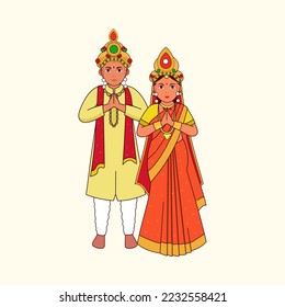 Odia Wedding Couple Greeting Namaste In Traditional Costume On Cosmic Latte Background.