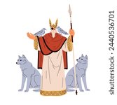 Odin, Germanic god. Deity of old Nordic mythology, ancient Scandinavian legend. Lord of Norse folklore, myth. Pagan character with wolves. Flat graphic vector illustration isolated on white background