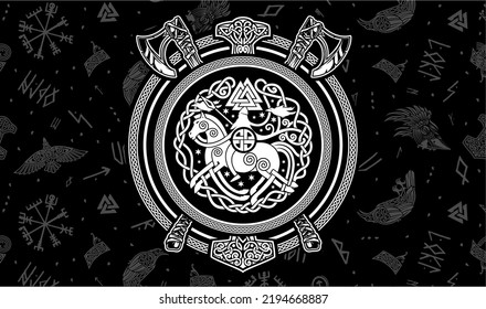 Odin On An Eight-legged Horse With A Spear And Crows Hugin And Munin, Ornaments In The Form Of A Circle Of Scandinavian Mythology On A Shield With Axes, A Pattern On A Black Background With Elements