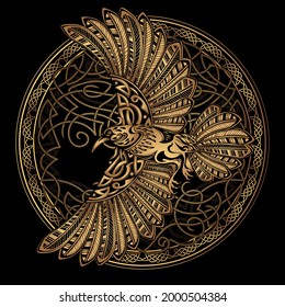 Odin's Celtic Raven on the background Yggdrasil tree. Scandinavian tattoo. Runic symbols. Trixel, Celtic cross, Gungir and knots. Vector illustration of Scandinavian myths.