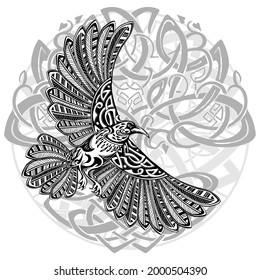 Odin's Celtic Raven on the background Yggdrasil tree. Scandinavian tattoo. Runic symbols. Trixel, Celtic cross, Gungir and knots. Vector illustration of Scandinavian myths.